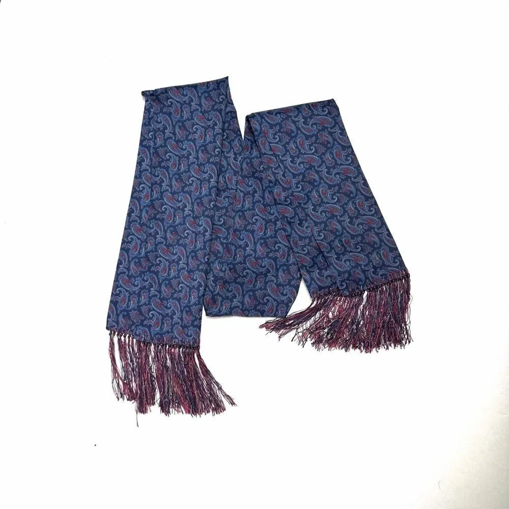 Men's Classic Doubled Dress Scarf Blue Paisley Print with Fringes